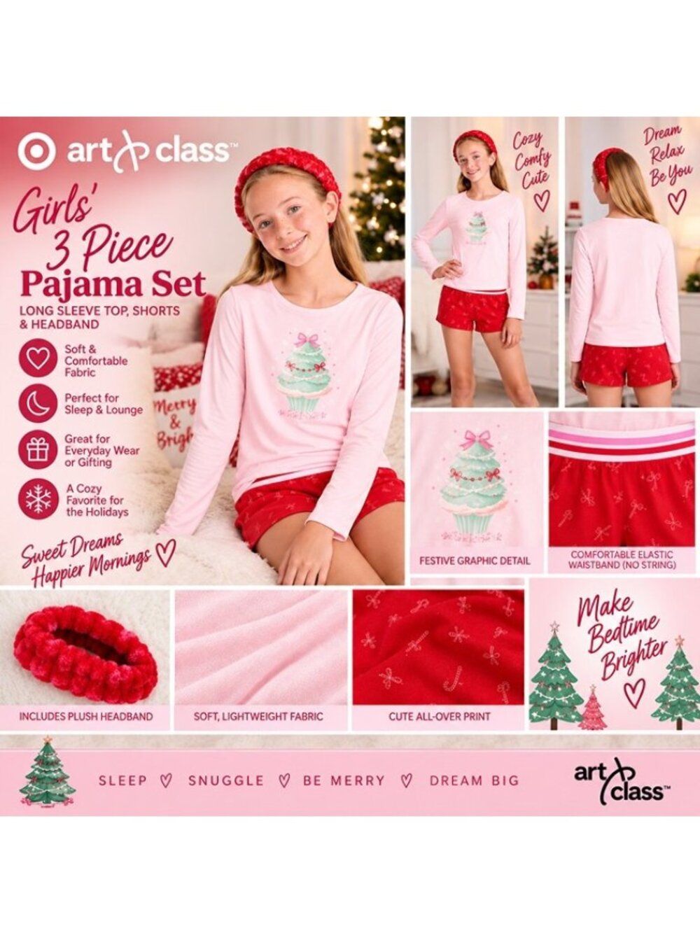 Art Class Girls' 3pc Long Sleeve Pajama Set with Spa Headband Pink Medium